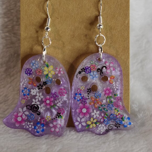 Hand Crafted Jewelry - Handmade Purple Ghost Earrings – Floral Resin Dangles – Cute & Spooky Halloween